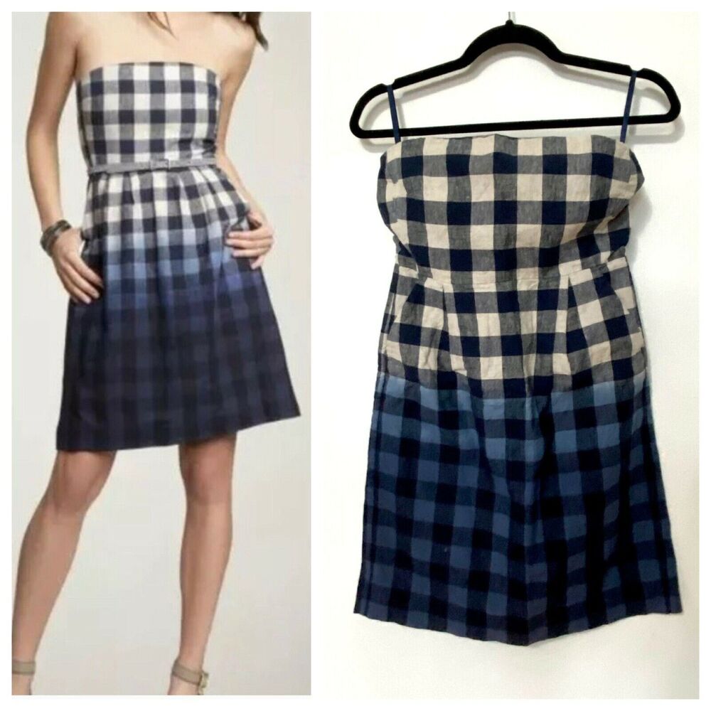 Gap Cute Plaid Linen Tan Black Blue Navy Ombre Strapless Dress Side Pockets 2